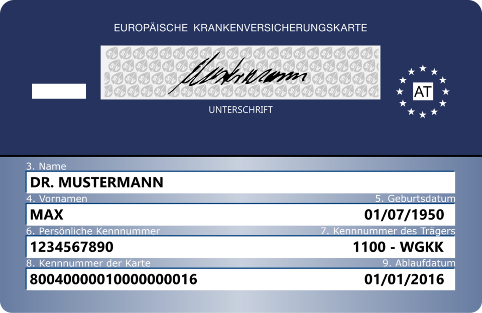 Eine europäische Krankenversicherungskarte mit persönlichen Angaben, Kartennummern und einer offiziellen Unterschrift.