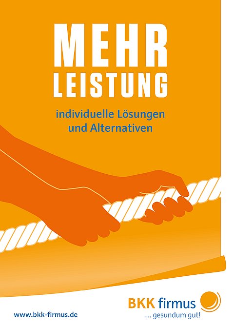 Zwei orangefarbene Hände, die an einem weißen Seil ziehen, mit deutschem Text über mehr Leistung und individuelle Lösungen.