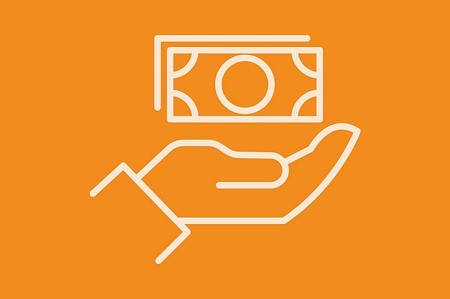 Orangefarbene Umrisse einer Hand, die einen Geldschein mit einem Euro-Symbol in der Mitte hält, vor einem hellbeigen Hintergrund.