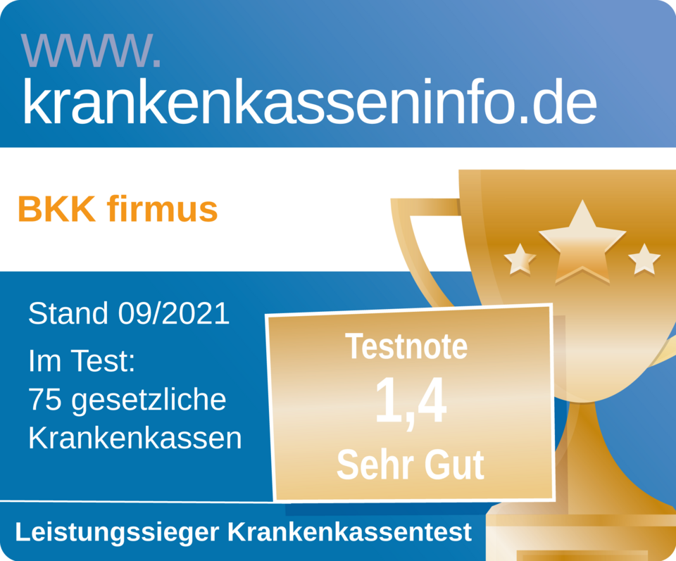Großer Leistungs-Krankenkassentest September 2021 Goldtrophäe und Testergebnis für die BKK firmus mit der Note 1,4 (Sehr Gut) von krankenkasseninfo.de.