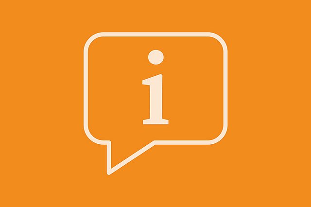 Eine orangefarbene Sprechblase mit einem kleinen „i“ darin, das für „Information“ steht, auf hellbeigem Hintergrund.