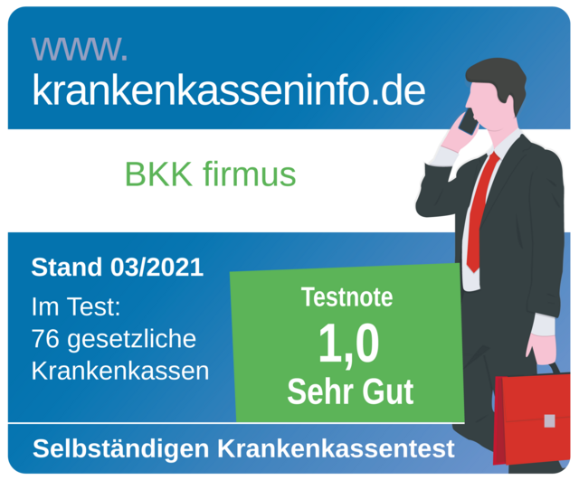 Geschäftsmann am Telefon mit Aktentasche, neben der BKK firmus Testergebnis: 1,0 Sehr Gut, Versicherungsinfo Website.