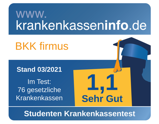 Grafik: BKK firmus mit der Note 1,1 Sehr Gut im Studentenkrankenversicherungstest 2021.
