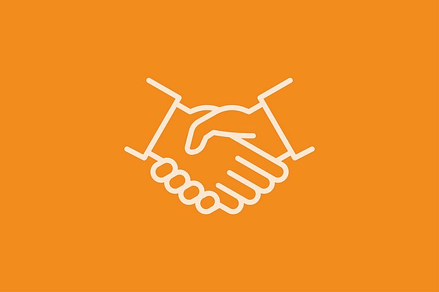 Eine orangefarbene Strichzeichnung zweier Hände, die sich auf hellbeigem Hintergrund die Hand reichen, als Symbol für Einigkeit, Partnerschaft oder Zusammenarbeit.