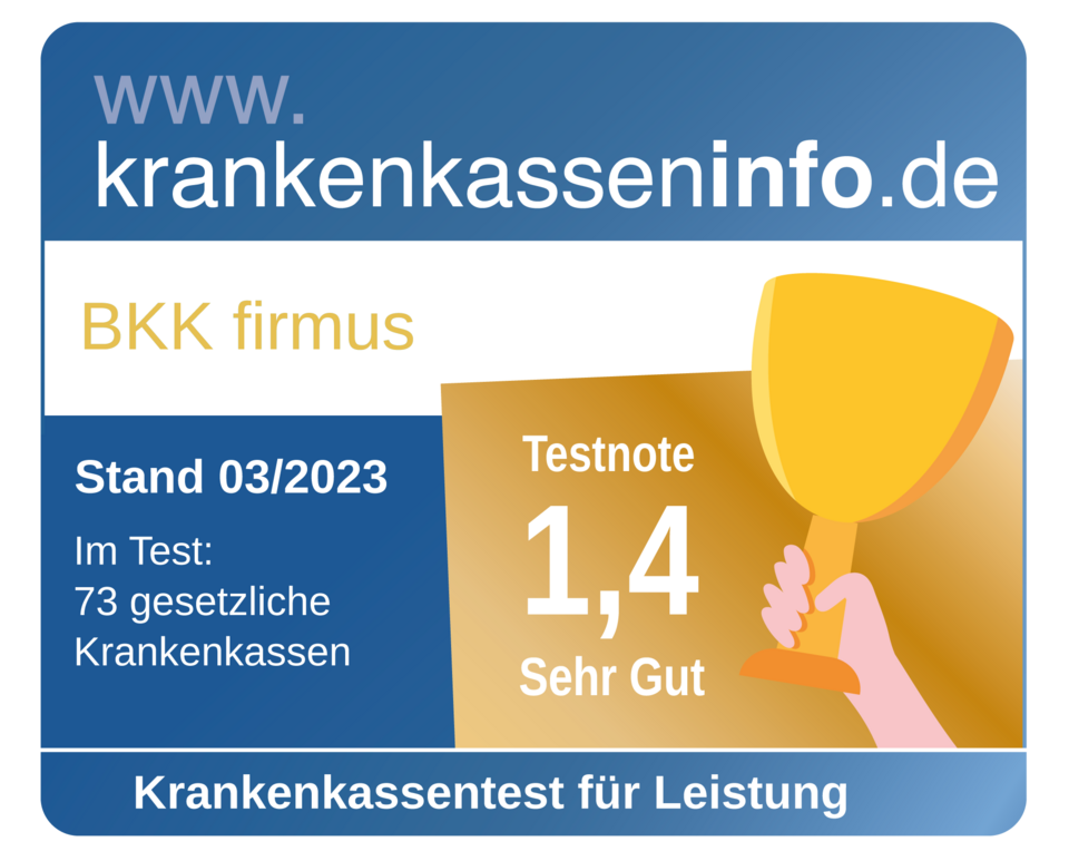 Auszeichnungsplakette für BKK firmus: Testnote 1,4 (Sehr gut), Krankenkassentest, März 2023, krankenkasseninfo.de.