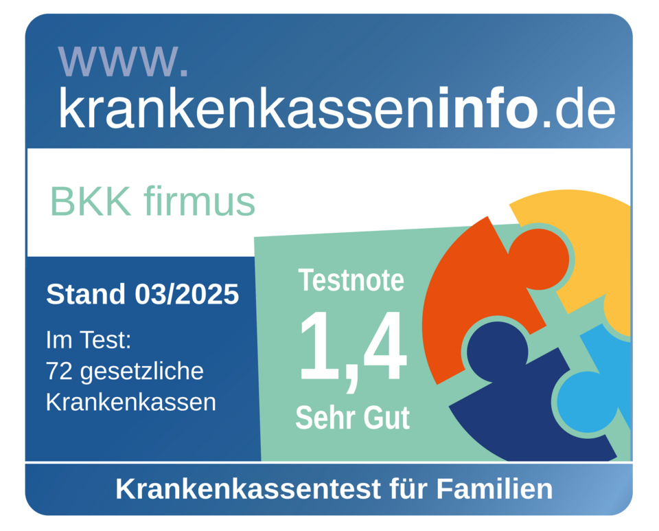 Label für BKK firmus mit Testnote 1,4 (sehr gut) für Familien; Test von 72 deutschen Krankenkassen.