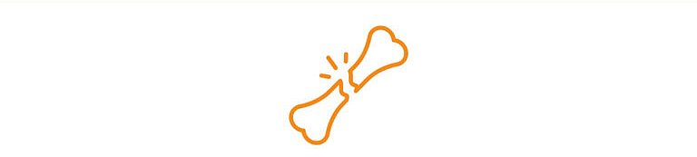 Orangefarbene Umrisse eines gebrochenen Knochens mit einem gezackten Riss in der Mitte und Linien, die den Aufprall andeuten, zentriert auf weißem Hintergrund mit einer orangefarbenen Linie am oberen Rand.