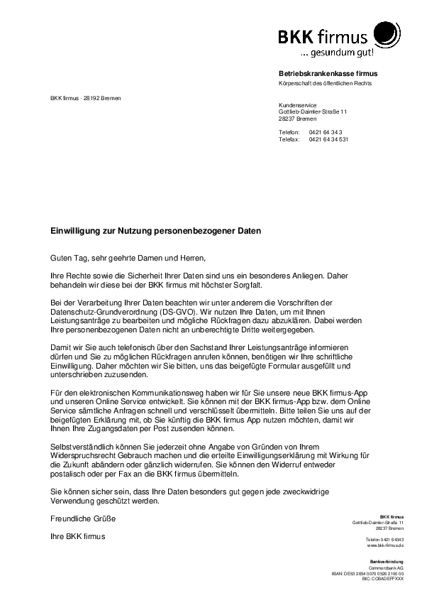 Datenschutz-Einwilligungserklärung der BKK firmus