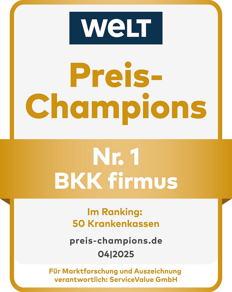Goldenes und weißes Preisabzeichen: WELT Preis-Champions Nr. 1 BKK firmus, 50 Krankenkassen, 04/2025.
