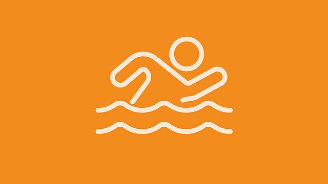 Weiße Silhouette eines Schwimmers im Wasser, dargestellt mit Wellenlinien und einfachen Formen, auf orangefarbenem Hintergrund.