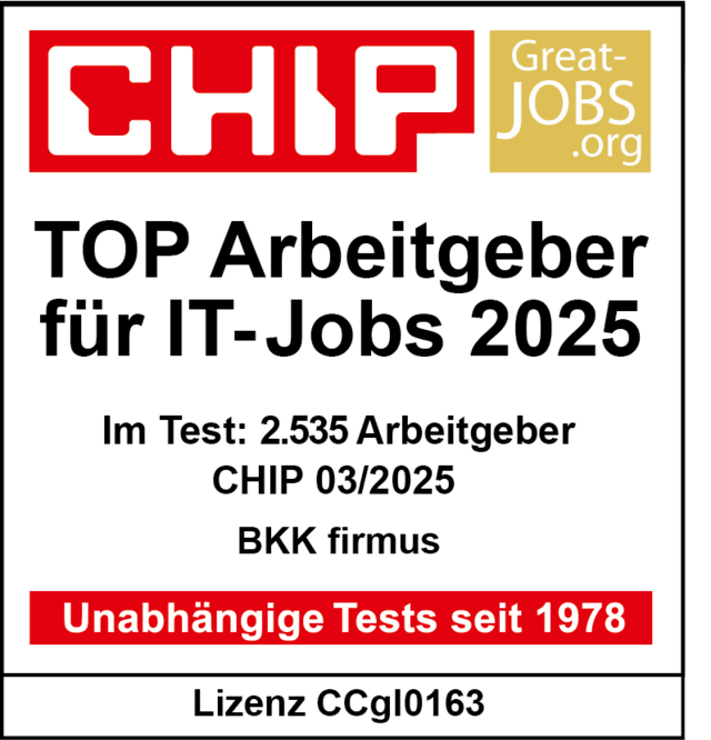 Auszeichnungsplakette: TOP Arbeitgeber für IT-Jobs 2025 von CHIP und Great-JOBS.org, mit Test- und Lizenzdetails.