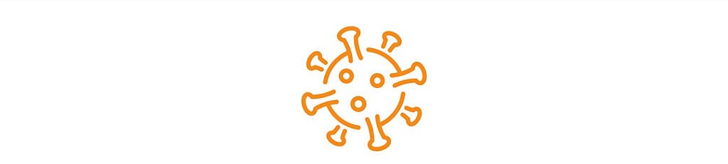 Ein orangefarbener Umriss eines Virus- oder Keimsymbols, zentriert auf einem weißen Hintergrund, mit einer orangefarbenen Linie am oberen Rand.