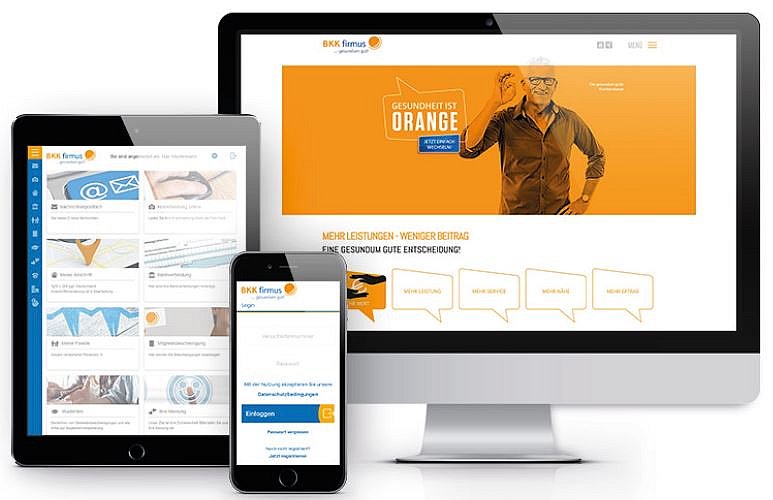 Eine Website wird auf einem Desktop, einem Tablet und einem Smartphone angezeigt und zeigt ein gesundheitsbezogenes Design in Orange.