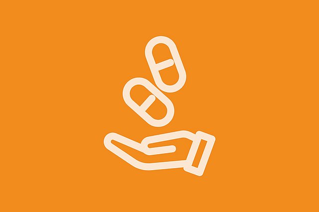 Orangefarbene Umrisse einer Hand, über der zwei Kapseln oder Tabletten zu sehen sind, auf hellbeigem Hintergrund.