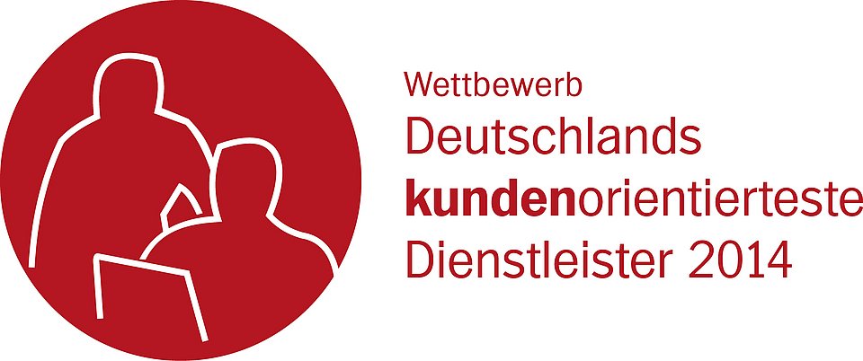 Logo Deutschlands kundenorientiertester Dienstleister 2014 Rotes Logo mit zwei skizzierten Figuren und deutschem Text: Deutschlands kundenorientiertester Dienstleister 2014.