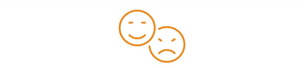 Zwei orange umrandete Gesichter: eines lächelt mit entspannten Augen, das andere runzelt die Stirn und hat wütend zusammengezogene, schräg stehende Augenbrauen. Die Gesichter überlappen sich leicht auf einem weißen Hintergrund, auf dem oben eine orangefarbene Linie zu sehen ist.