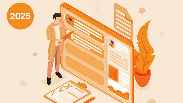 Illustration einer Person, die neben einem großen digitalen Profil oder Online-Formular, einem Klemmbrett und einem Bleistift steht, daneben eine Pflanze. Die Jahreszahl 2025 ist in einem Kreis dargestellt, was auf eine futuristische oder bevorstehende digitale Interaktion hindeutet.
