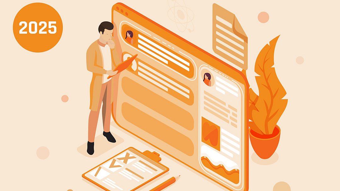 Illustration einer Person, die neben einem großen digitalen Profil oder Online-Formular, einem Klemmbrett und einem Bleistift steht, daneben eine Pflanze. Die Jahreszahl 2025 ist in einem Kreis dargestellt, was auf eine futuristische oder bevorstehende digitale Interaktion hindeutet.