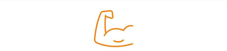 Einfache orangefarbene Strichzeichnung eines angespannten, muskulösen Arms mit ausgeprägtem Bizeps, zentriert auf weißem Hintergrund, mit einer dünnen orangefarbenen Linie am oberen Rand.
