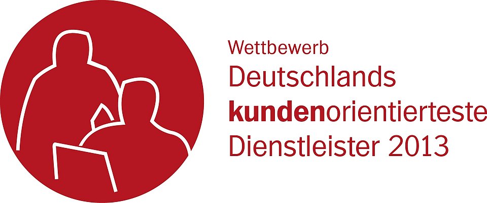 Logo Deutschlands kundenorientierteste Dienstleister 2013 Rotes Logo mit zwei skizzierten Figuren und deutschem Text: Deutschlands kundenorientiertester Dienstleister 2013.