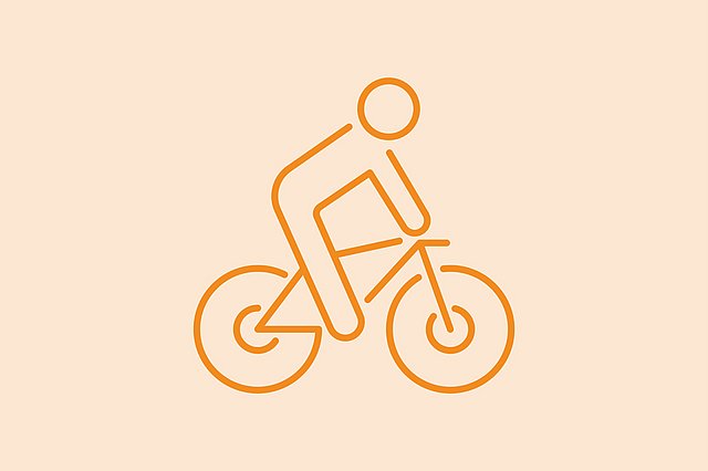 Einfache orangefarbene Strichzeichnung einer Person auf einem Fahrrad, dargestellt vor einem hellbeigen Hintergrund.