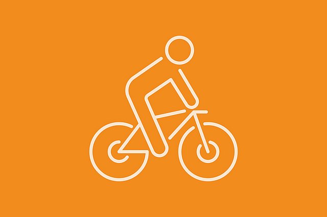 Einfache orangefarbene Strichzeichnung einer Person auf einem Fahrrad, dargestellt vor einem hellbeigen Hintergrund.