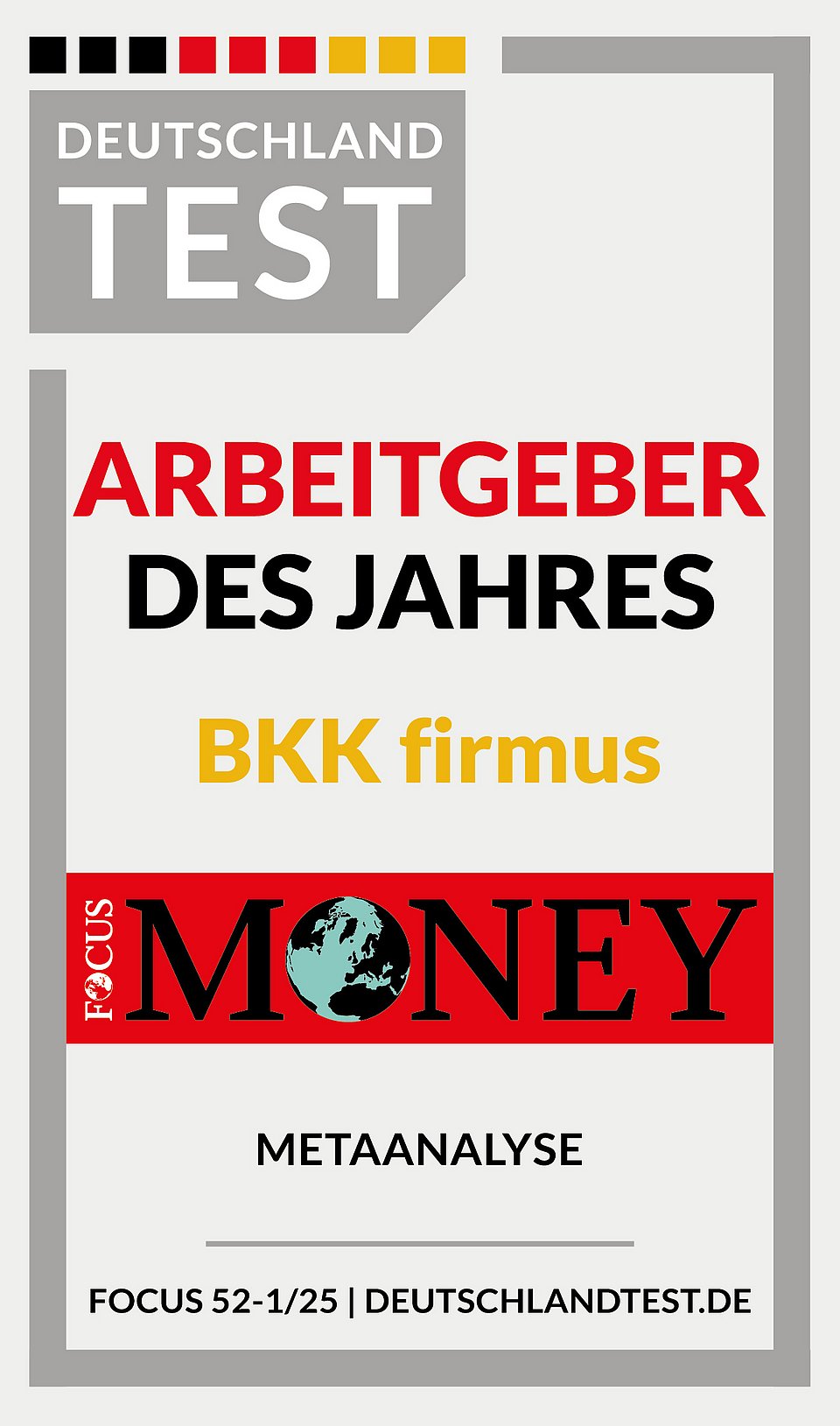 Auszeichnungsplakette für die BKK firmus als Arbeitgeber des Jahres von Deutschland Test und Focus Money.