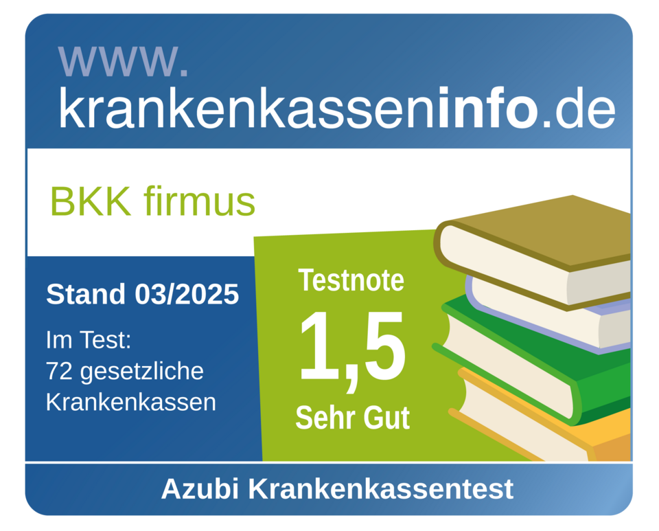 Etikett für die BKK firmus: Testnote 1,5, Sehr Gut, gültig bis 03/2025. Azubi-Testergebnis.