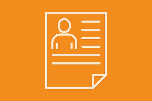 Orangefarbene Umrandung eines Dokuments mit einem Benutzersymbol und Linien, die Text darstellen, vor einem hellbeigen Hintergrund.