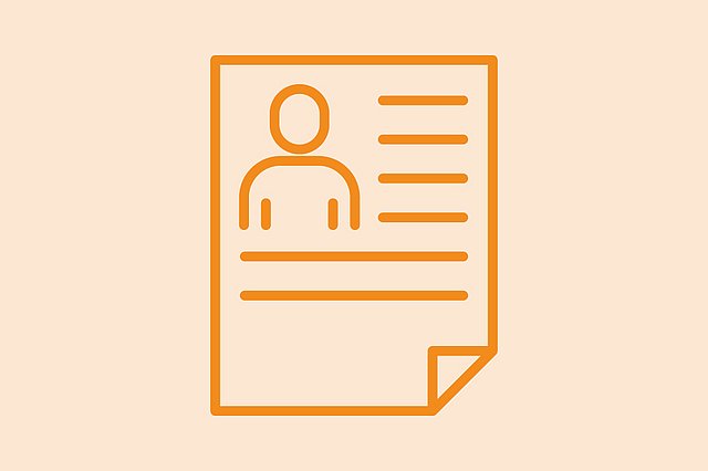 Orangefarbene Umrandung eines Dokuments mit einem Benutzersymbol und Linien, die Text darstellen, vor einem hellbeigen Hintergrund.