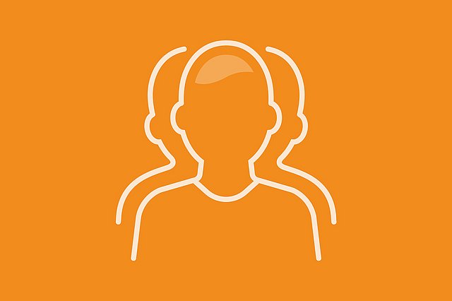Drei sich überlappende, schematisch dargestellte Menschenfiguren mit orangefarbenem Umriss, wobei die mittlere Figur im Vordergrund und die beiden anderen im Hintergrund stehen, auf hellbeigem Hintergrund.
