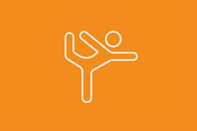 Eine orangefarbene Umrisszeichnung einer vereinfachten menschlichen Figur, die auf einem Bein balanciert, wobei Arme und ein Bein ausgestreckt sind, was an eine Yoga- oder Tanzpose erinnert, vor einem hellbeigen Hintergrund.