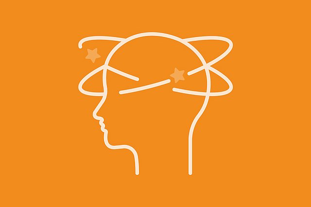 Orangefarbene Umrisse eines menschlichen Kopfes im Profil, um den zwei Sterne und geschwungene Linien kreisen, was Schwindel oder Verwirrung symbolisiert, auf hellbeigem Hintergrund.