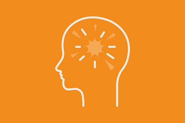 Der orangefarbene Umriss eines menschlichen Kopfes im Profil mit einem sternförmigen Motiv im Bereich des Gehirns, das eine zündende Idee oder geistige Klarheit symbolisiert, auf hellbeigem Hintergrund.