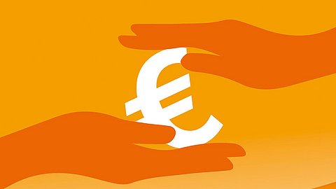 Zwei orangefarbene Hände tauschen ein weißes Euro-Symbol auf orangefarbenem Hintergrund mit deutschem Text über den Wert aus.