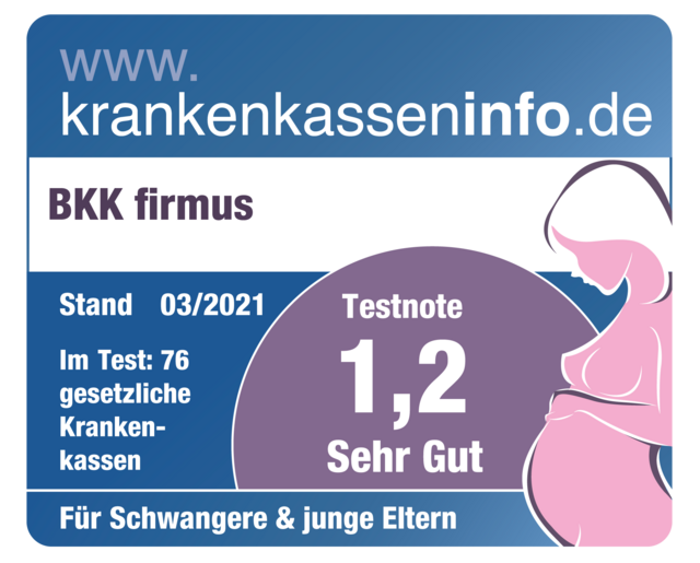 Illustration einer schwangeren Frau und Informationen zur Bewertung: Die BKK firmus erhielt die Note 1,2 (Sehr Gut) für die Mutterschaftsversicherung.