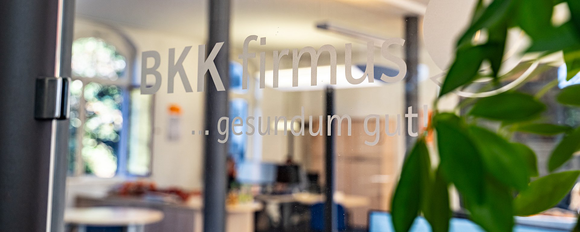 Glastür mit dem Schriftzug „BKK firmus …gesundum gut“, im Hintergrund sind die Büroeinrichtung und eine Zimmerpflanze zu sehen.