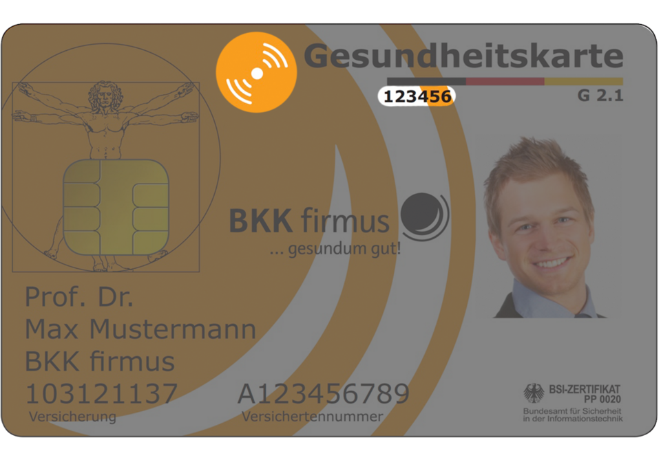 Eine deutsche Krankenversicherungskarte mit Foto, Chip und persönlichen Angaben in deutscher Sprache.