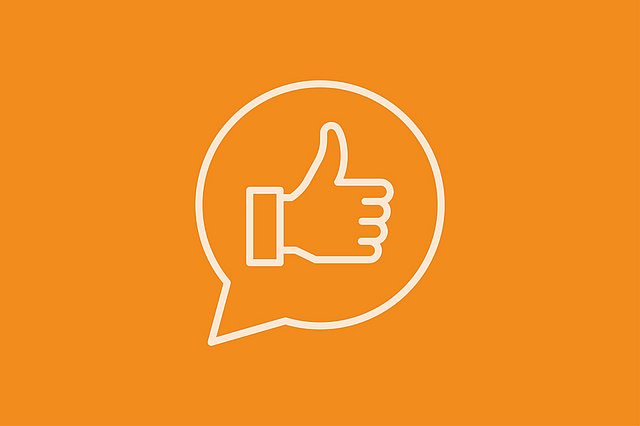 Der orangefarbene Umriss einer Hand, die den Daumen hochhält, in einer Sprechblase auf hellbeigem Hintergrund.