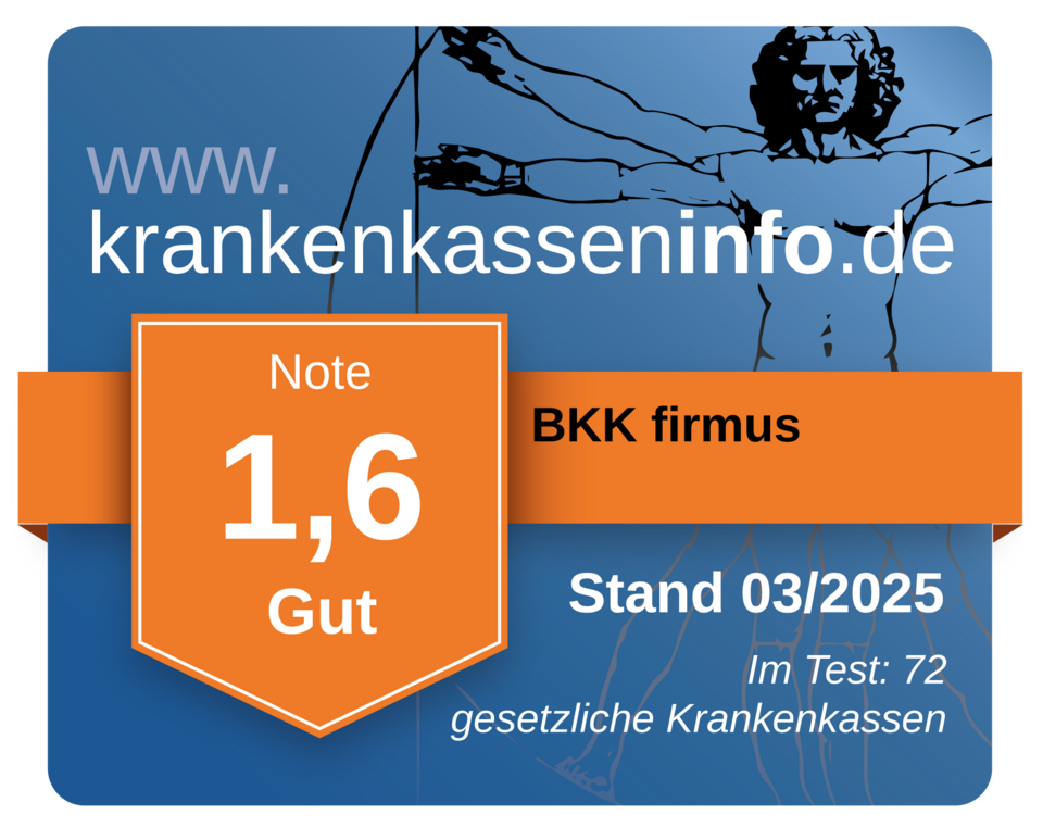 Bewertungsplakette: BKK firmus Krankenkasse mit der Note 1,6 (gut); gültig bis 03/2025 von krankenkasseninfo.de.