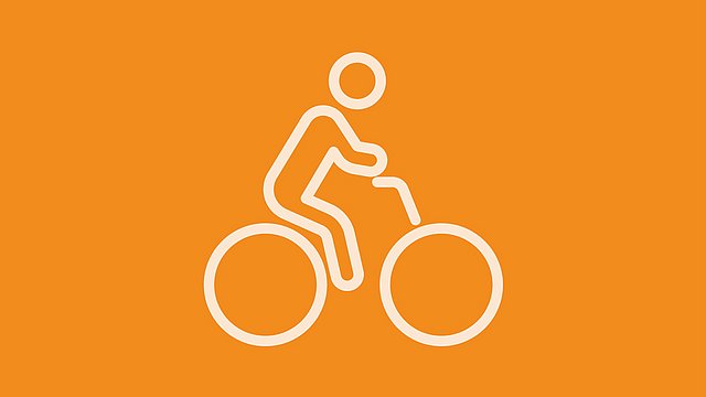 Einfacher weißer Umriss einer Person, die auf einem Fahrrad fährt, vor einem durchgehend orangefarbenen Hintergrund.