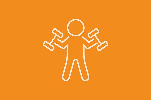 Orangefarbene Silhouette einer Person mit vier Armen, die jeweils eine Hantel hält, vor einem hellbeigen Hintergrund; veranschaulicht Multitasking oder Sport.