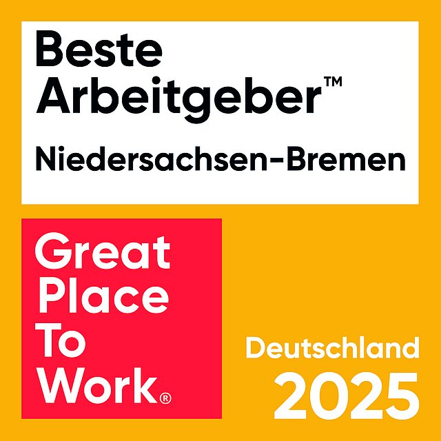 Logo mit Text: Beste Arbeitgeber Niedersachsen-Bremen. Great Place to Work. Deutschland 2025.
