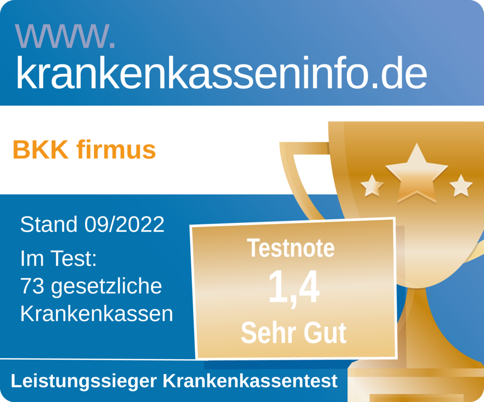 Auszeichnungsgrafik für die BKK firmus, Note 1,4 (Sehr Gut), beste gesetzliche Krankenkasse, September 2022.