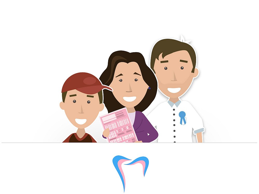 Cartoon Familie mit Zahnkarte und Zahnlogo, Text: Zahnarzt-Preisvergleich.com unten.