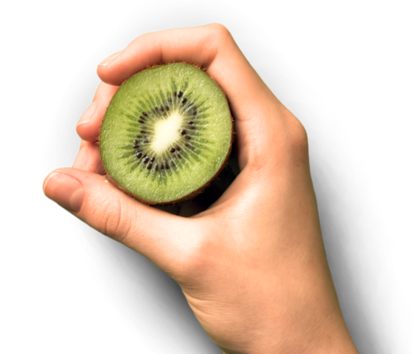 Eine Hand hält eine halbe Kiwifrucht, bei der das grüne Fruchtfleisch und die Kerne sichtbar sind.