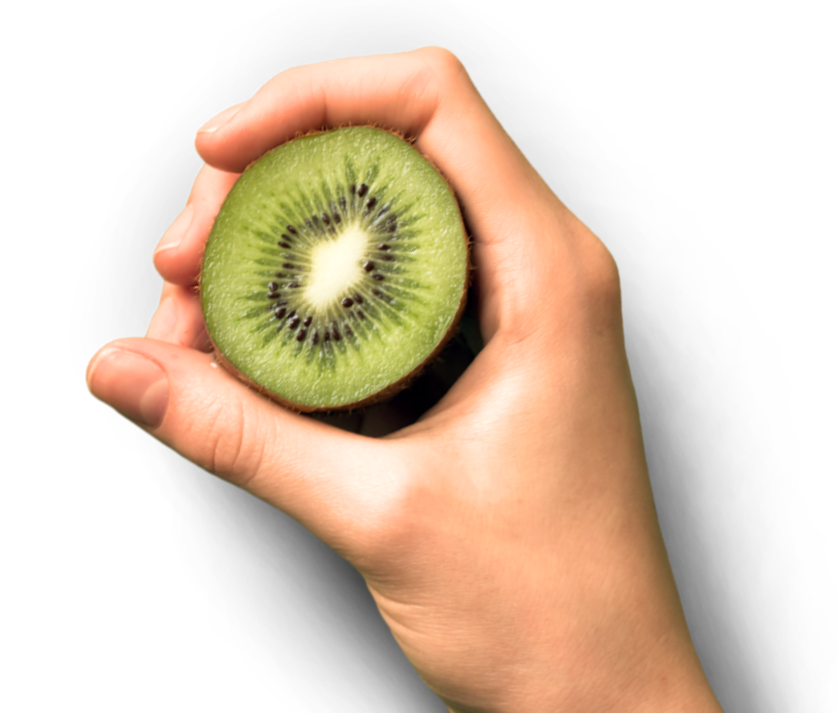 Eine Hand hält die Hälfte einer Kiwifrucht, die das grüne Fruchtfleisch und die Kerne zeigt.