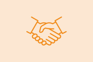 Eine orangefarbene Strichzeichnung zweier Hände, die sich auf hellbeigem Hintergrund die Hand reichen, als Symbol für Einigkeit, Partnerschaft oder Zusammenarbeit.