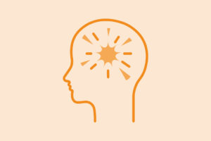 Der orangefarbene Umriss eines menschlichen Kopfes im Profil mit einem sternförmigen Motiv im Bereich des Gehirns, das eine zündende Idee oder geistige Klarheit symbolisiert, auf hellbeigem Hintergrund.