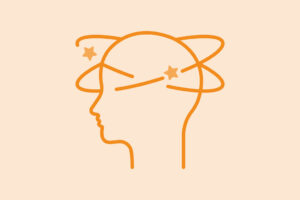 Orangefarbene Umrisse eines menschlichen Kopfes im Profil, um den zwei Sterne und geschwungene Linien kreisen, was Schwindel oder Verwirrung symbolisiert, auf hellbeigem Hintergrund.